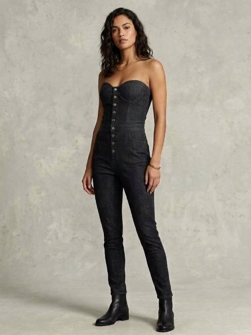 Guess Black Denim Bustier Jumpsuit Skinny Leg